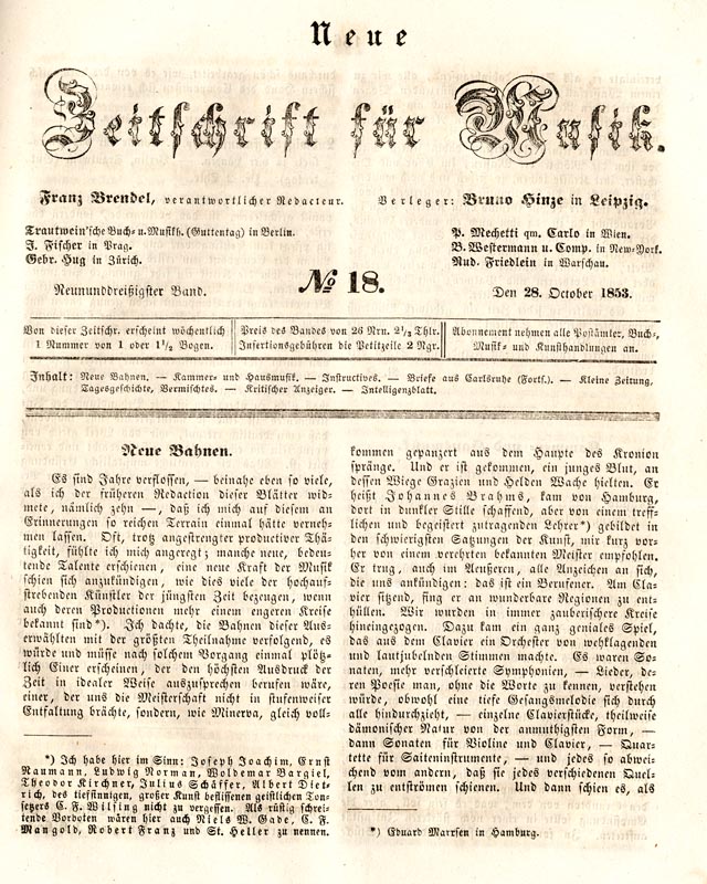 “Neue Bahnen” Neue Zeitschrift für Musik Vol. 39, no. 18 (October 28, 1853)
